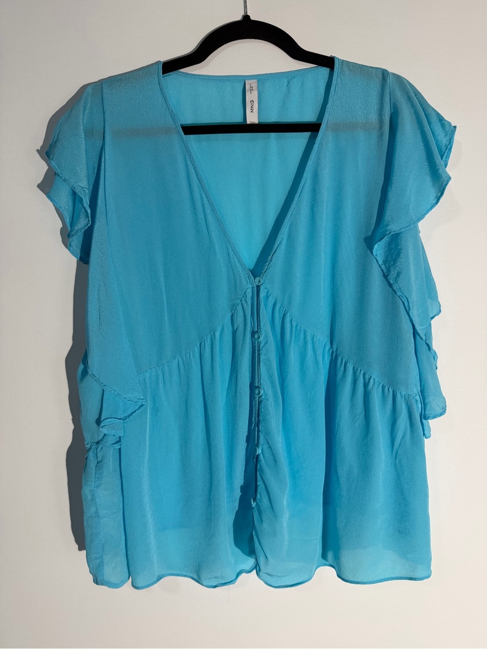 Mango Turquoise Woman’s V-Neck Ruffle Sleeve Button-Front Blouse - 12